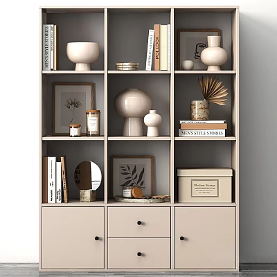 Modern Open Shelf Bookcase With Books Vases Picture Frames Mirror And Storage Box 3d model