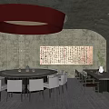 Private Room Interior With Red Circular Chandelier Gray Walls Round Dining Table And Calligraphy Artwork