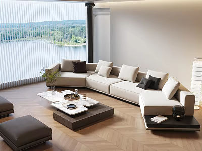 Modern Sofa and Coffee Table Set with Lake View Windows Wooden Flooring and Throw Pillows 3d model