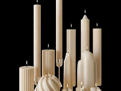 Textured White Candles in Various Shapes and Heights with Lit Wicks 3d model