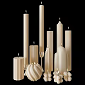 Textured White Candles in Various Shapes and Heights with Lit Wicks