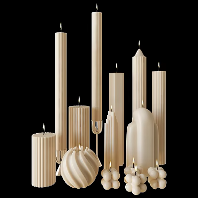 Textured White Candles in Various Shapes and Heights with Lit Wicks 3d model