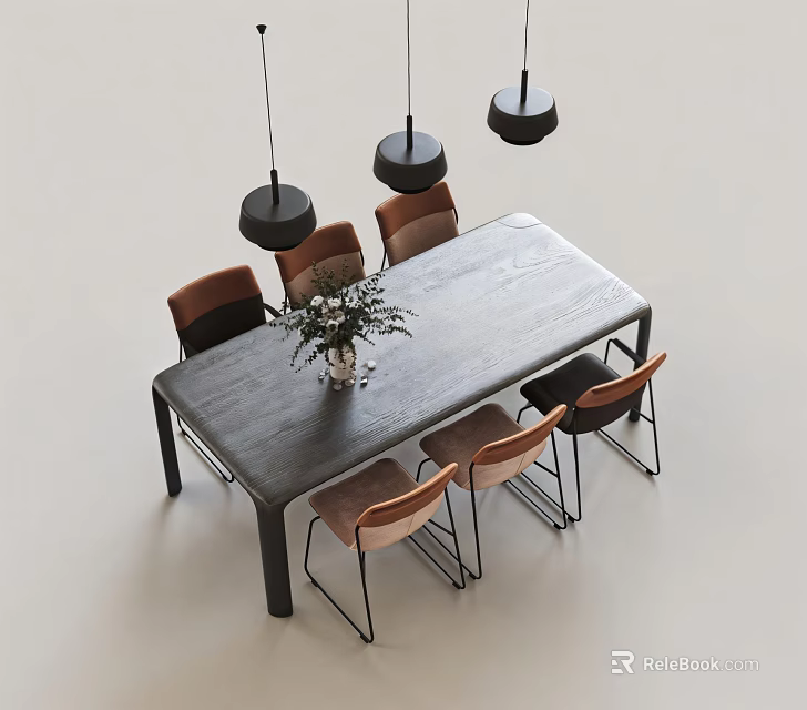 Modern Dining Table Set With Wooden Top Six Chairs Vase Flowers And Black Pendant Lights 3d model 