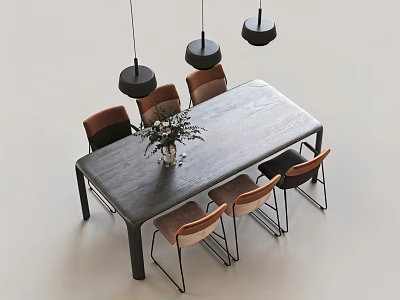Modern Dining Table Set With Wooden Top Six Chairs Vase Flowers And Black Pendant Lights 3d model