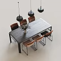 Modern Dining Table Set With Wooden Top Six Chairs Vase Flowers And Black Pendant Lights