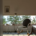 Minimalist Leisure Chair By Window With Floor Lamp Small Round Table And Pine Tree Scenery