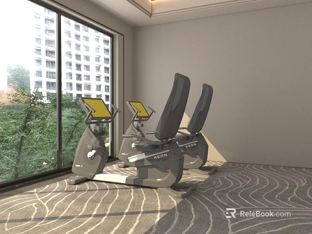 Modern Gym Interior With Elliptical Machines Large Windows And Wave Pattern Carpet 3d model 