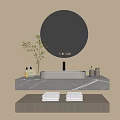 Modern Bathroom Vanity With Marble Countertop White Basin Round Mirror Green Plant And Towels
