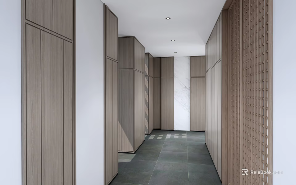 Modern Office Corridor With Wooden Panels White Walls And Dark Stone Flooring 3d model 