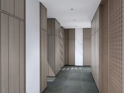 Modern Office Corridor With Wooden Panels White Walls And Dark Stone Flooring 3d model