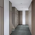 Modern Office Corridor With Wooden Panels White Walls And Dark Stone Flooring