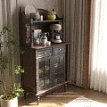 Stylish Wooden Sideboard with Glass Doors Shelves Holding Coffee Machine Mugs and Green Bowl