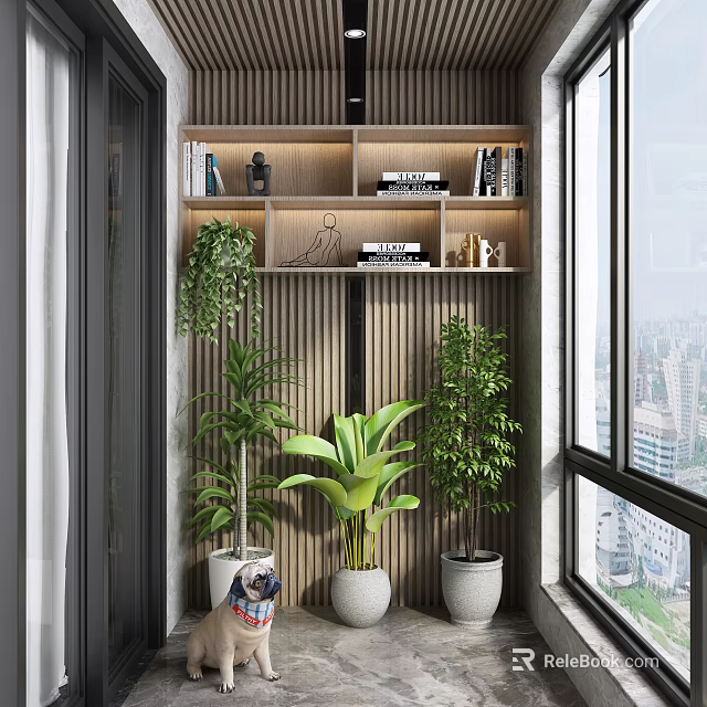 Modern Home Balcony Interior With Wooden Bookshelf Green Plants And City View 3d model 