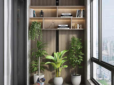 Modern Home Balcony Interior With Wooden Bookshelf Green Plants And City View 3d model