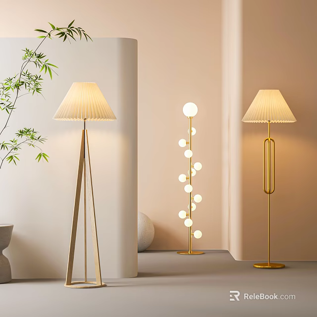Modern Elegant Floor Lamps With Triangle Stand Pleated Shade And Spherical Lights 3d model 