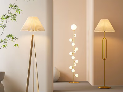Modern Elegant Floor Lamps With Triangle Stand Pleated Shade And Spherical Lights 3d model