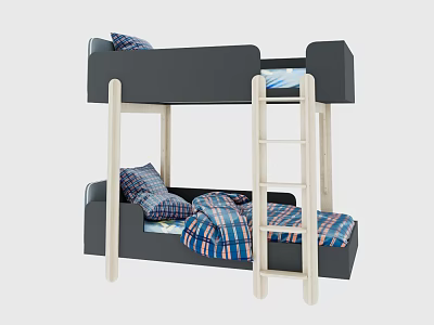 Modern Bunk Bed With Gray Frame Wooden Ladder And Plaid Bedding Pillows 3d model