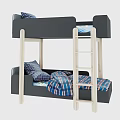 Modern Bunk Bed With Gray Frame Wooden Ladder And Plaid Bedding Pillows