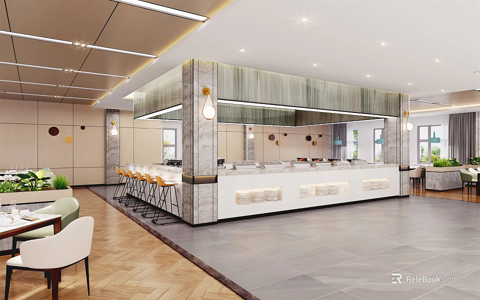Modern Restaurant Interior Design Open Concept With Bar Counter Dining Tables And Chairs 3d model 
