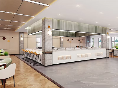 Modern Restaurant Interior Design Open Concept With Bar Counter Dining Tables And Chairs 3d model