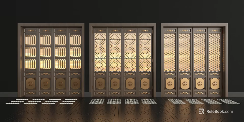 Dark Wooden Folding Doors With Traditional Patterns Circular Decorations Warm Yellow Light And Geometric Pattern Floor Tiles 3d model 