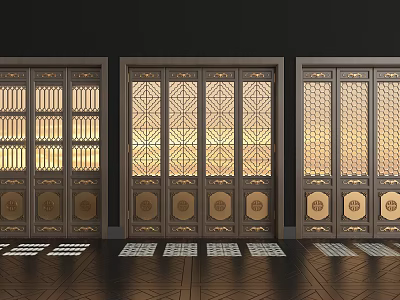 Dark Wooden Folding Doors With Traditional Patterns Circular Decorations Warm Yellow Light And Geometric Pattern Floor Tiles 3d model