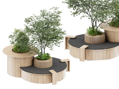 Multi Tiered Wooden Planter Structure With Circular Design And Green Plants 3d model