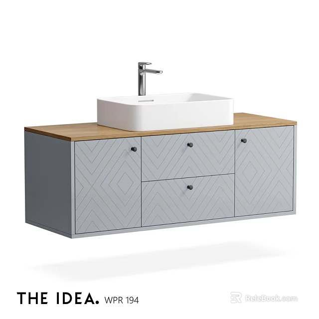 Bathroom Vanity With White Square Basin Faucet Wooden Countertop Gray Herringbone Cabinet Doors And Drawers 3d model 