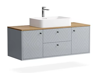 Bathroom Vanity With White Square Basin Faucet Wooden Countertop Gray Herringbone Cabinet Doors And Drawers 3d model