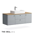 Bathroom Vanity With White Square Basin Faucet Wooden Countertop Gray Herringbone Cabinet Doors And Drawers