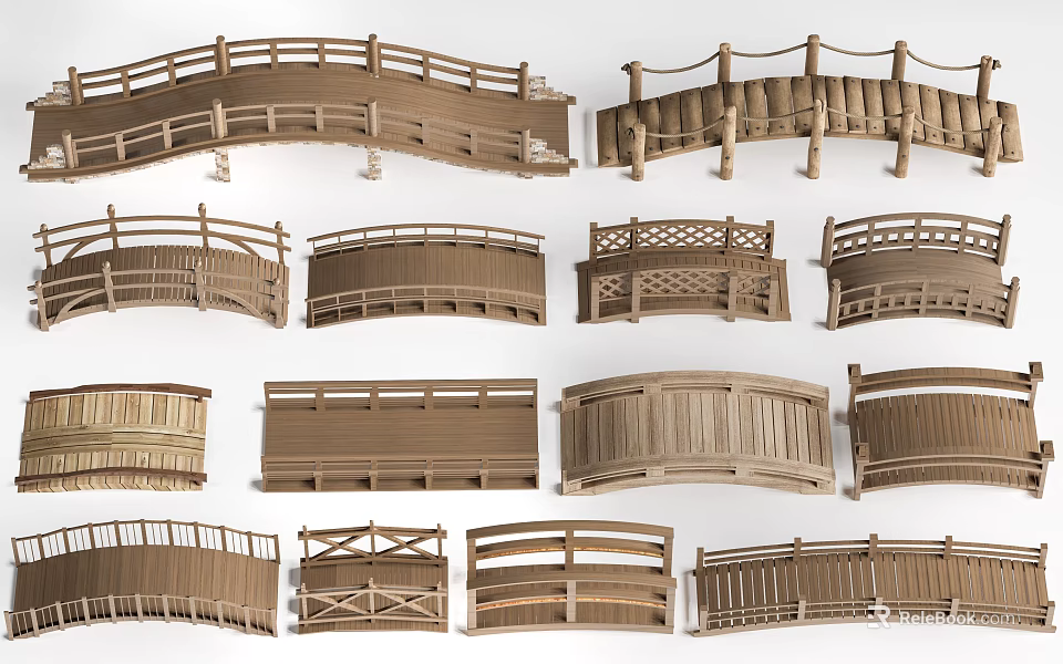 Various Wooden Landscape Bridge Designs With Different Shapes And Railings 3d model 