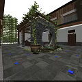 Traditional Modern Homestay Building with Tile Roof Courtyard Greenery and Wooden Elements
