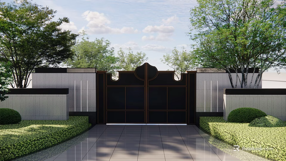 Traditional Building Exterior Wall Featuring Black Metal Gate Trimmed Shrubs And Stone Pathway 3d model 