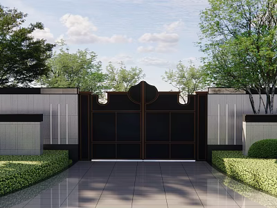 Traditional Building Exterior Wall Featuring Black Metal Gate Trimmed Shrubs And Stone Pathway 3d model