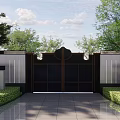 Traditional Building Exterior Wall Featuring Black Metal Gate Trimmed Shrubs And Stone Pathway