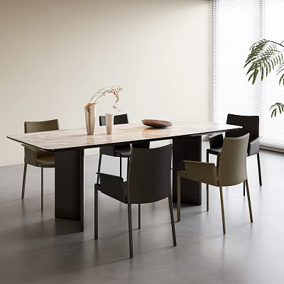 Modern Minimalist Dining Table Set With Wooden Top Mixed Color Chairs Vase And Bowl 3d model