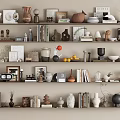 Modern Decorative Ornament Combination With Vases Sculptures Photo Frames Books And Small Plants On Shelves