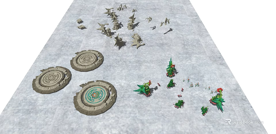 Ancient Stone Mythical Beast Reliefs With Circular Patterns And Green Plants 3d model