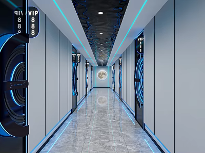 Modern KTV Corridor With VIP Rooms Marble Floor And Blue Ceiling Lights 3d model