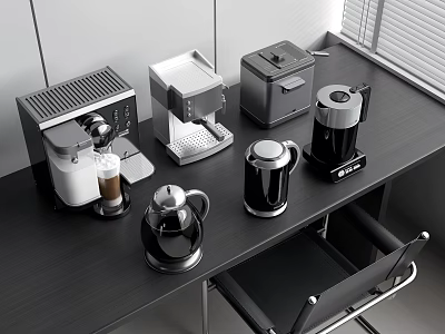 Modern Kitchen Appliances On Black Tabletop Including Coffee Maker And Electric Kettle 3d model