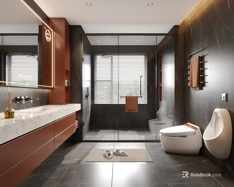 Modern Bathroom Interior Design With Marble Countertop Glass Shower Enclosure Smart Toilet And Wooden Cabinets 3d model 