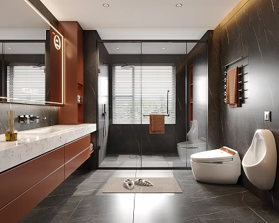 Modern Bathroom Interior Design With Marble Countertop Glass Shower Enclosure Smart Toilet And Wooden Cabinets 3d model