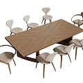 Modern Wooden Dining Table With Herringbone Pattern And Eight Light Upholstered Chairs 3d model
