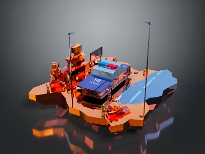 3D Rendered Police Car Scene With Street Lamps Road And Structures 3d model