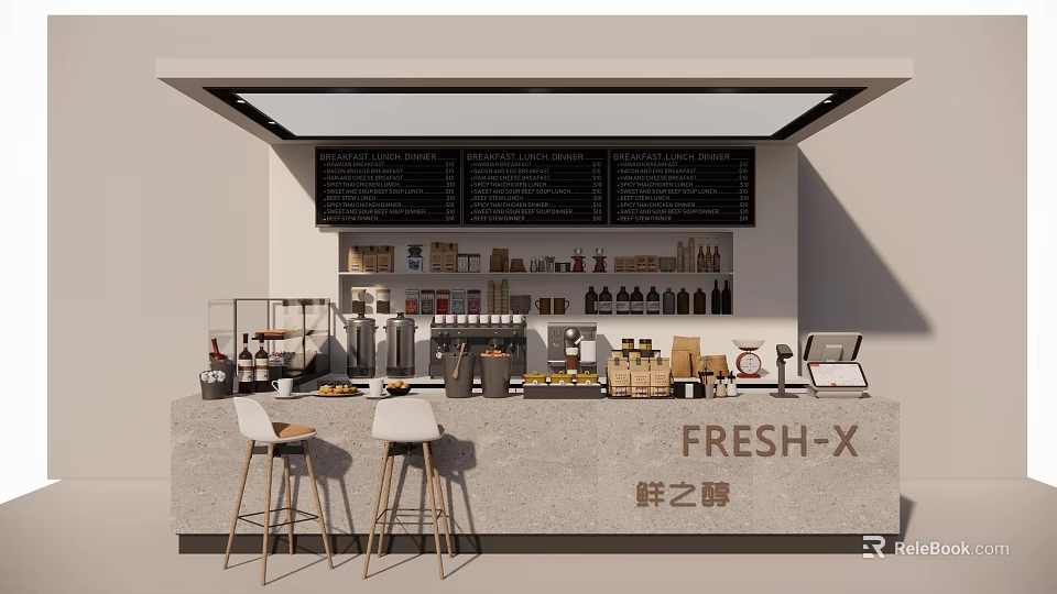 Modern Fresh Cafe Interior With Counter Menu Board Drinks Food Items And Stools 3d model