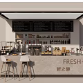 Modern Fresh Cafe Interior With Counter Menu Board Drinks Food Items And Stools 3d model