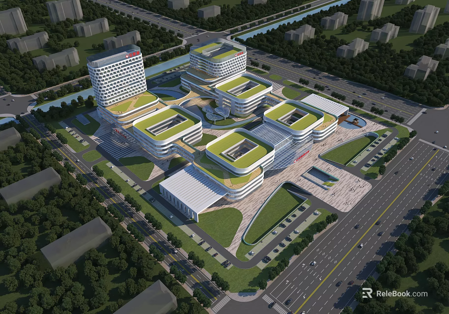 Modern Commercial Complex Architectural Design With Green Roofs Multiple Buildings Surrounded by Trees And Roads 3d model 