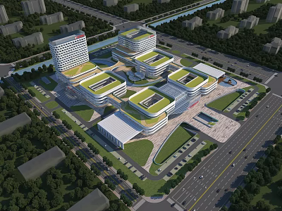 Modern Commercial Complex Architectural Design With Green Roofs Multiple Buildings Surrounded by Trees And Roads 3d model