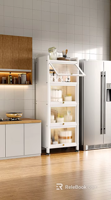 Modern Kitchen Cookware Storage With White Cabinets And Glass Door Shelves 3d model 