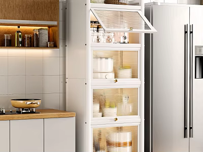 Modern Kitchen Cookware Storage With White Cabinets And Glass Door Shelves 3d model